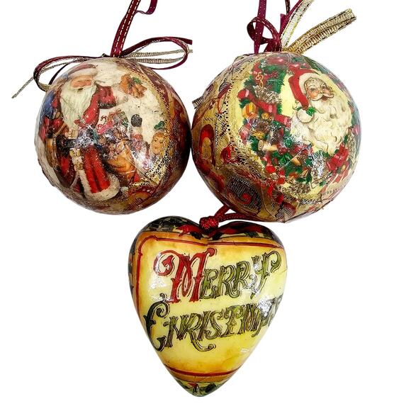 Lot of 3 Vintage Christmas Decoupage Ball Christmas Tree Ornaments Santa Heart - Picture 1 of 4